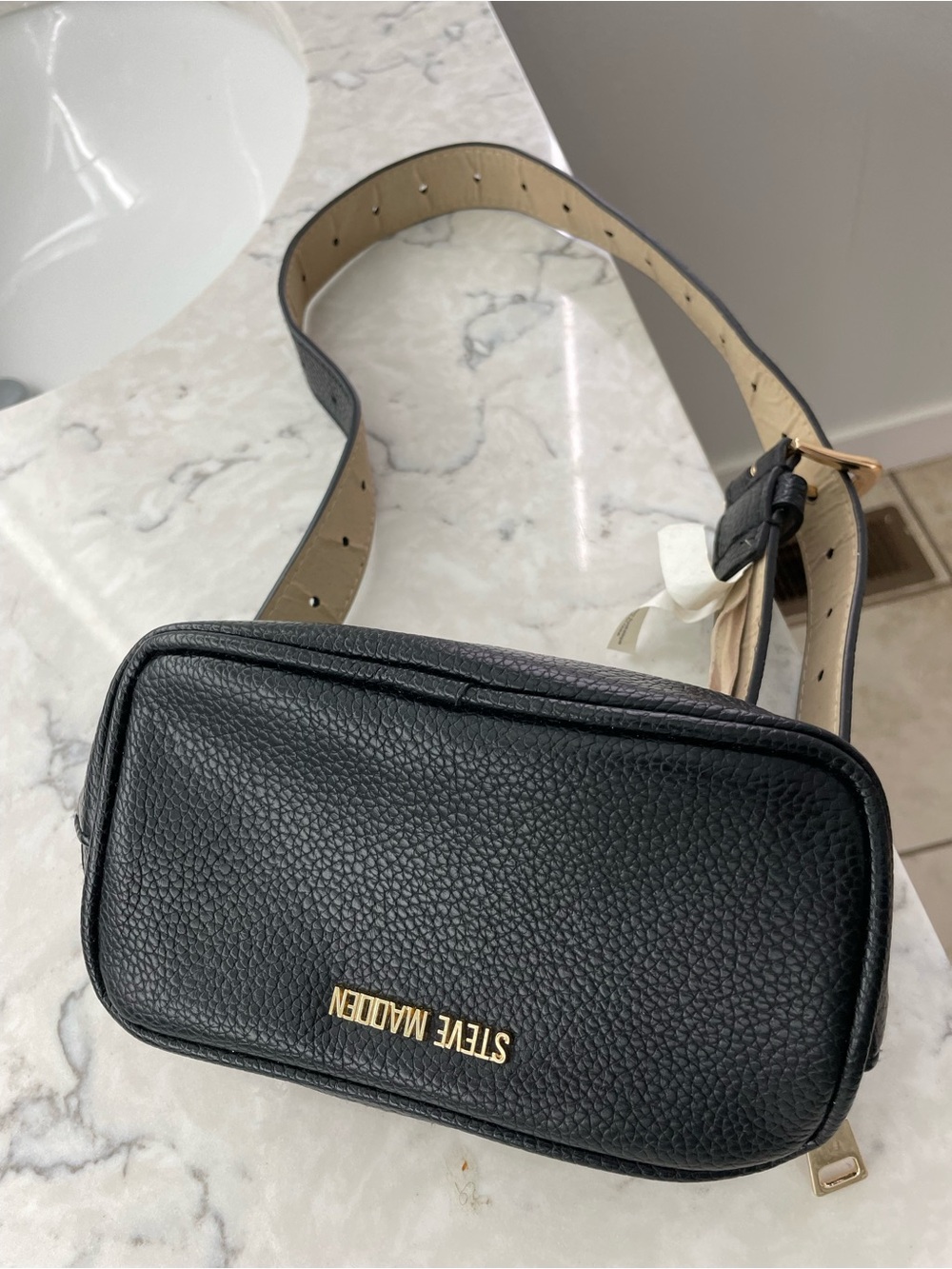 Steve Madden Black Pebbled Leather Men's Bag with Gold Lettering